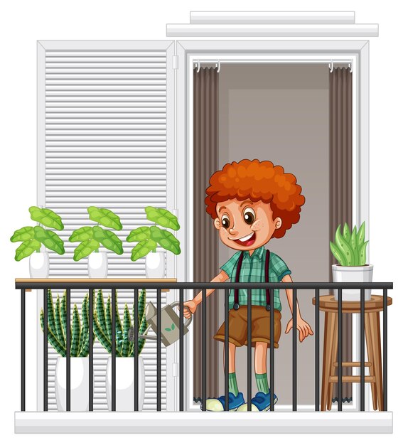 Un niño regando plantas en el balcón.