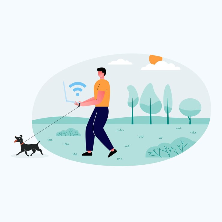 Vector gratuito un niño relajado está parado en el campo abierto con una computadora portátil. tener una cabra con él. mirar es la pantalla del portátil. ilustración plana plana.