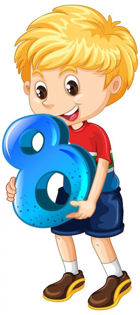 Niño rubio con matemáticas número ocho
