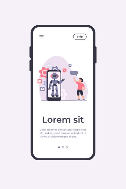 Niño saludando a humanoide en la pantalla del teléfono inteligente. Chat bot, asistente virtual, ilustración de vector plano de teléfono móvil. Tecnología, concepto de infancia para banner, diseño de sitios web o página de destino