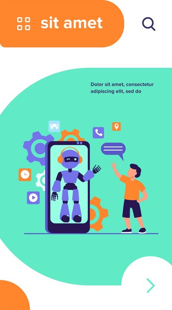 Niño saludando a humanoide en la pantalla del teléfono inteligente