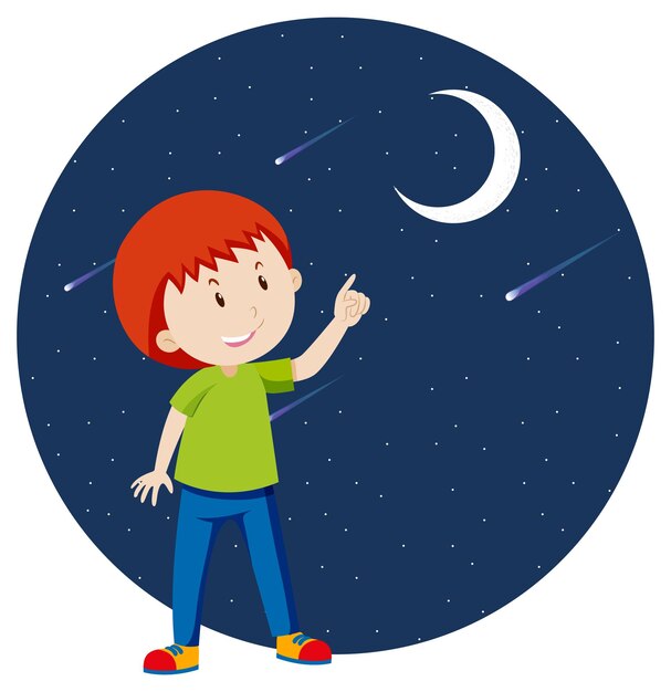 Un niño señalando con el dedo a la luna.