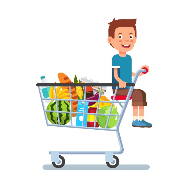 Niño sentado en un carrito de compras de supermercado