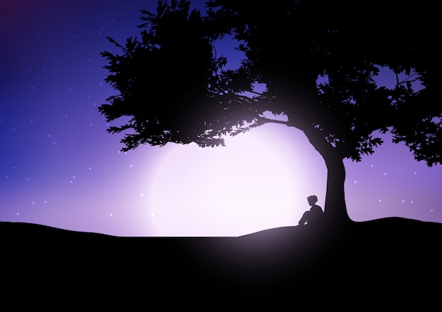 Niño sentado contra un árbol contra un cielo nocturno
