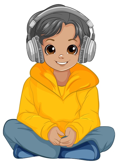 Niño sentado en el suelo escuchando música con auriculares