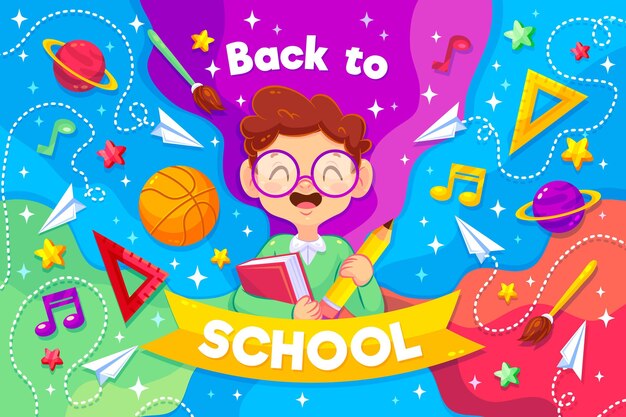 Niño sonriente ilustrado con mensaje de regreso a la escuela