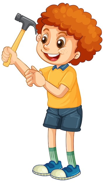 Un niño sosteniendo un martillo sobre fondo blanco.
