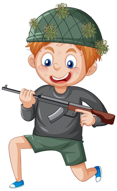 Un niño sosteniendo un personaje de dibujos animados de armas sobre fondo blanco.