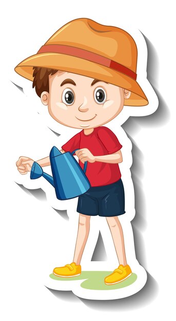 Un niño sosteniendo una regadera pegatina de personaje de dibujos animados