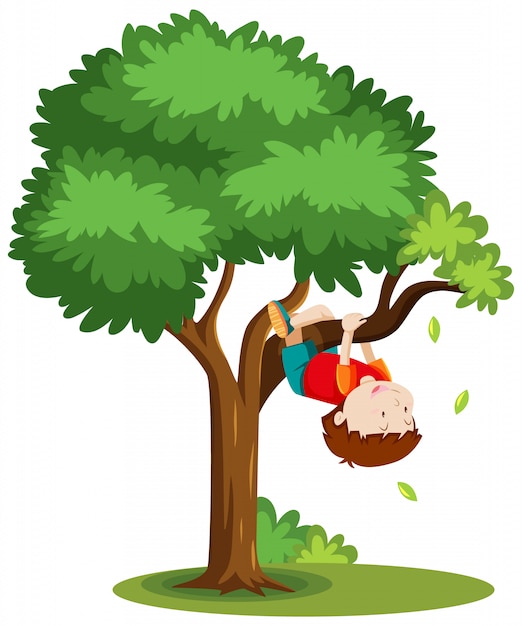 Vector gratuito niño subiendo el árbol de estilo de dibujos animados aislado sobre fondo blanco.