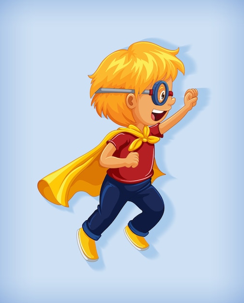 Vector gratuito niño con superhéroe con dominio absoluto en posición de pie retrato de personaje de dibujos animados aislado