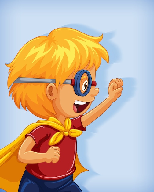 Niño con superhéroe con posición de dominio absoluto retrato de personaje de dibujos animados aislado