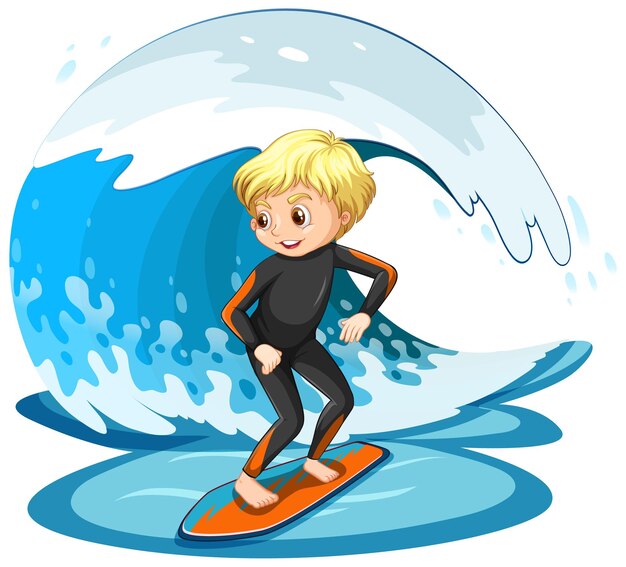 Un niño surfeando en una ola de agua aislada