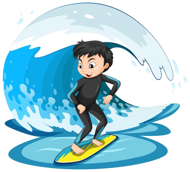 Vector gratuito un niño surfeando en una ola de agua aislada