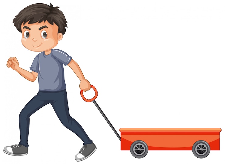 Vector gratuito niño tirando carro rojo aislado