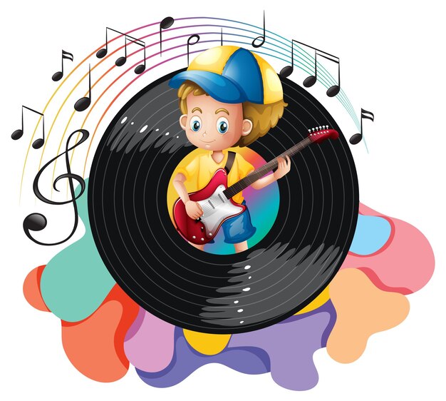 Un niño tocando la guitarra y los símbolos de la melodía musical.