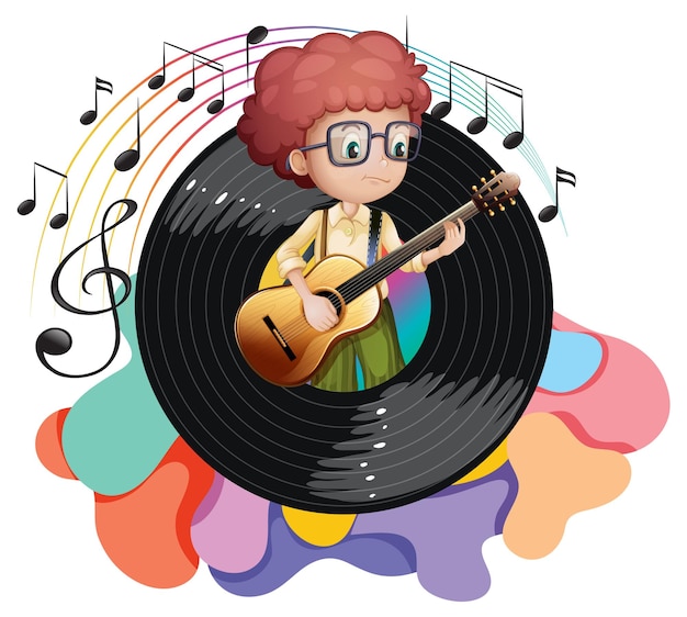 Un niño tocando la guitarra y los símbolos de la melodía musical.