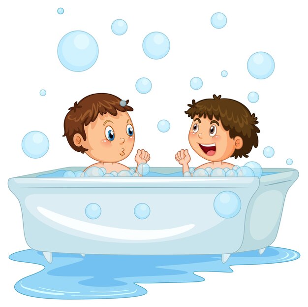 Niño tomando un baño sobre fondo blanco.