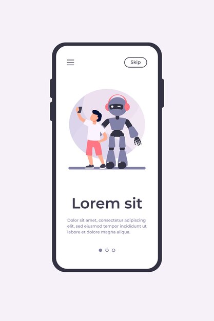 Niño tomando selfie con humanoide. Niño con cyborg, niño con ilustración de vector plano robot. Robótica, ingeniería, concepto de infancia para banner, diseño de sitio web o página de destino