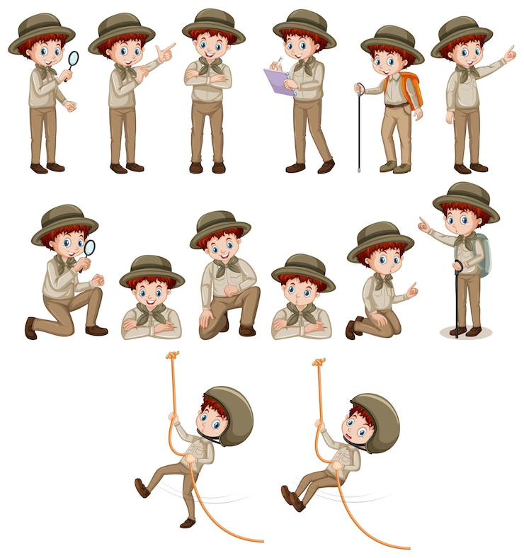 Vector gratuito niño en traje de safari haciendo diferentes poses.