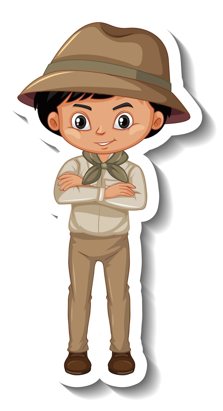 Vector gratuito niño en traje de safari pegatina de personaje de dibujos animados