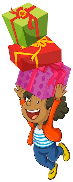 Vector gratuito niño con tres cajas de regalos