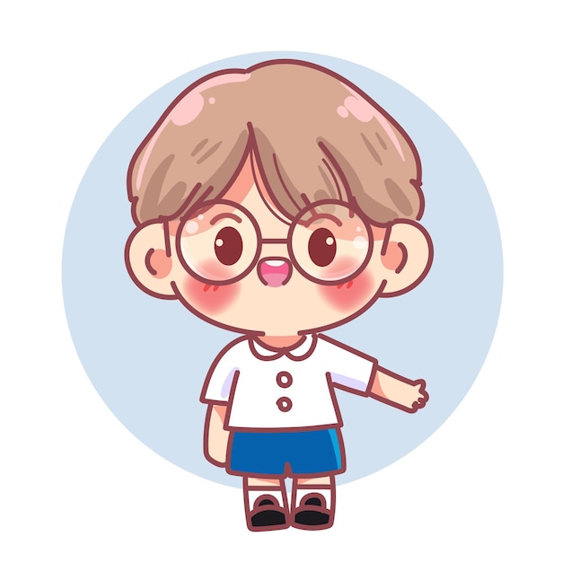 Niño con uniforme escolar saludando y dando la bienvenida al personaje de dibujos animados Vector