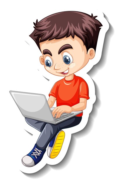 Un niño usando una pegatina de personaje de dibujos animados de computadora portátil