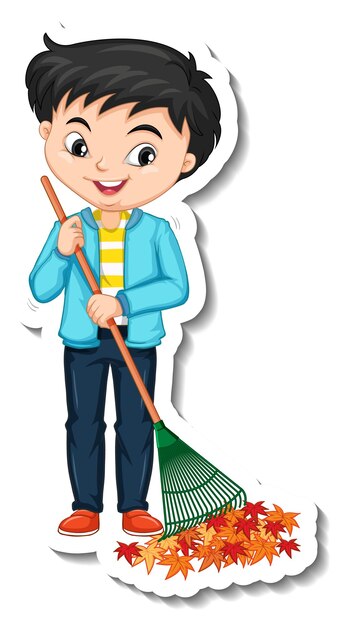 Un niño usando un personaje de dibujos animados de rastrillo