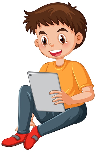 Un niño usando un personaje de dibujos animados de tableta