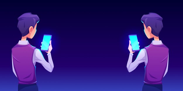 Niño usando la vista posterior de la aplicación de teléfono inteligente