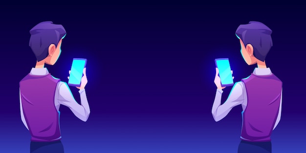 Niño usando la vista posterior de la aplicación de teléfono inteligente