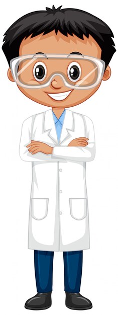Niño vestido con bata de laboratorio en blanco