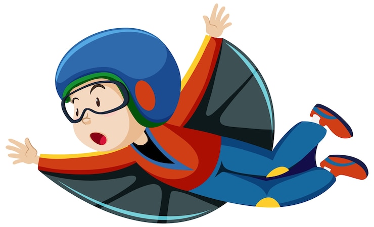 Vector gratuito niño vestido con traje de vuelo con personaje de dibujos animados de posición de vuelo aislado sobre fondo blanco.