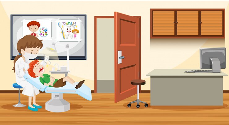 Vector gratuito un niño visitando al dentista.