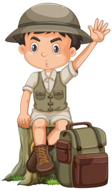 Niño vistiendo traje de safari sobre fondo blanco.