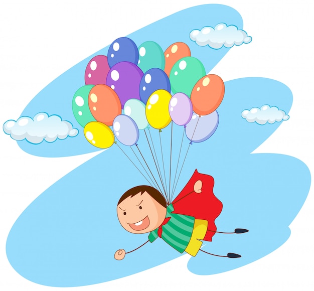 Niño volando con globos en el cielo