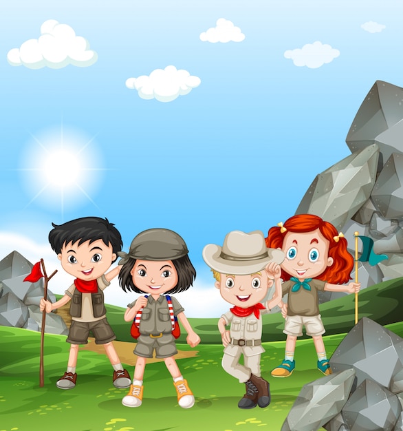 Niños acampando en el campo.
