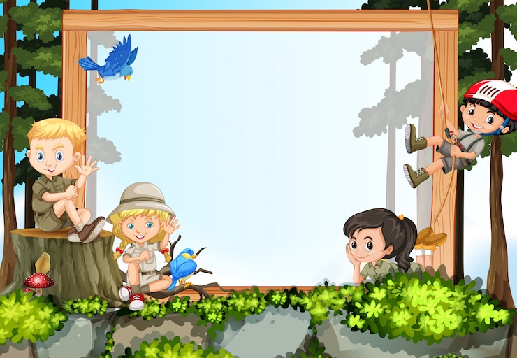 Vector gratuito niños activos en equipo de senderismo y camping con plantilla de marco en blanco