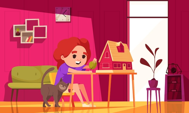 Vector gratuito niños aficiones creativas concepto de dibujos animados con niña haciendo casa de cartón ilustración vectorial