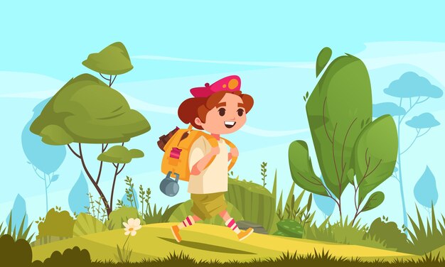 Niños aficiones creativas imagen de dibujos animados con niño trekking ilustración vectorial al aire libre