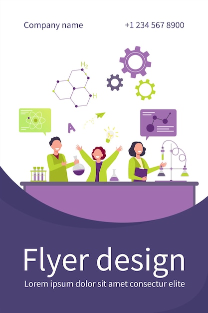 Vector gratuito niños alegres aprendiendo en la clase de química plantilla de volante plano