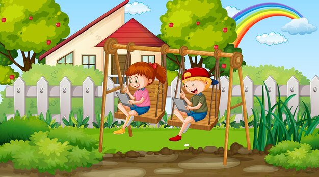 Niños apoyándose en línea con tableta en una mecedora en el parque