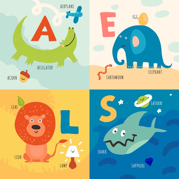 Niños aprendiendo alfabeto con concepto de ilustración de animales