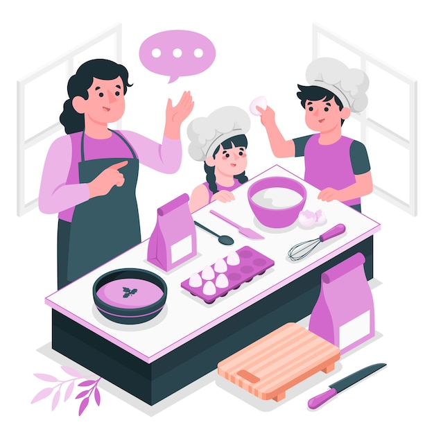 Vector gratuito niños aprendiendo a cocinar ilustración del concepto