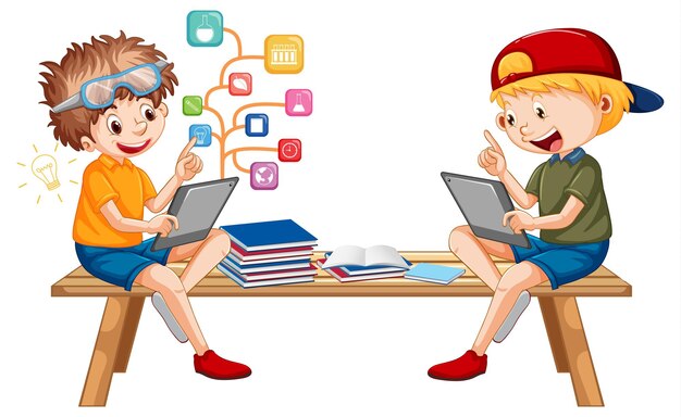 Niños aprendiendo en línea desde una tableta