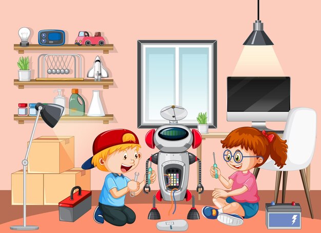 Niños arreglando un robot juntos en la escena de la habitación.