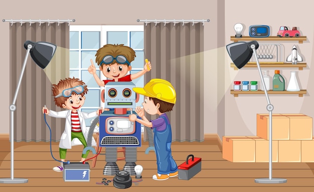 Niños arreglando un robot juntos en la escena de la habitación.