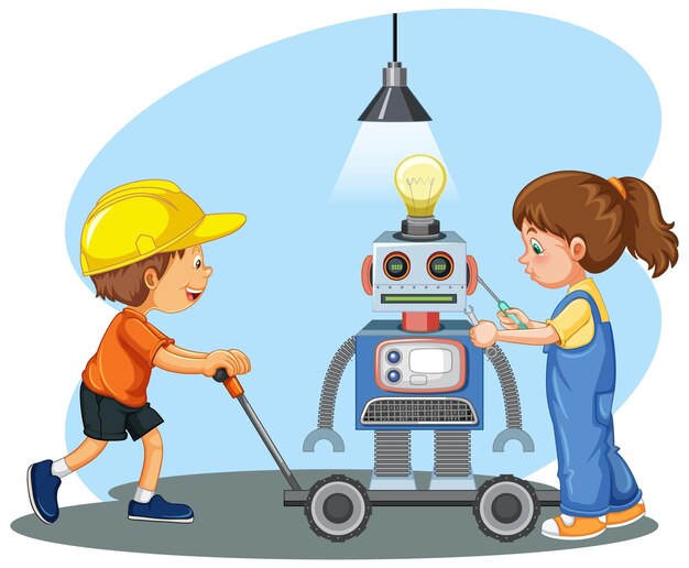 Niños arreglando un robot juntos en la escena de la habitación.