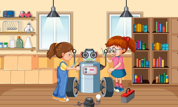 Niños arreglando un robot juntos en la escena de la habitación.